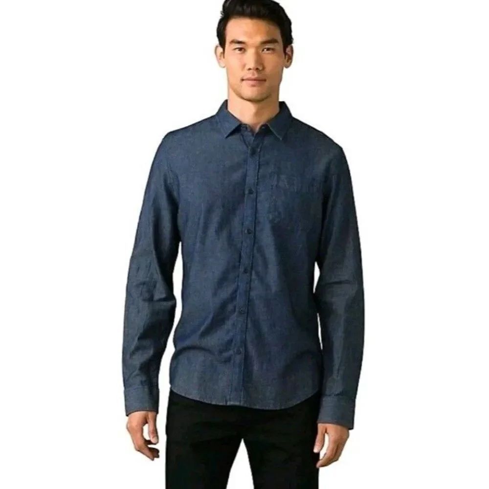 prAna Men's Large Upper Avenue Cotton Denim Shirt Blue Long Sleeve